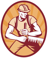 Wall Mural - illustration of a sawyer logger sawing crosscut saw set inside an ellipse with sunburst done in retro style