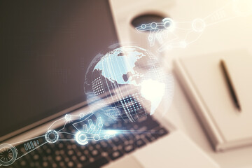 Aufkleber - Creative abstract robotics technology hologram with globe on modern computer background, artificial intelligence and machine learning concept. Multi exposure