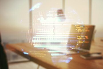 Poster - Multi exposure of abstract programming language hologram with world map on computer background, artificial intelligence and neural networks concept