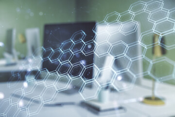 Poster - Creative concept of wireless technology with hexagon hologram on modern laptop background. Big data and database concept. Multiexposure
