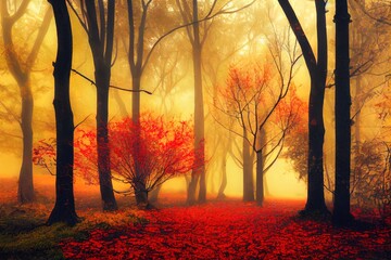 Sticker - Beautiful mystical forest in blue fog in autumn. Colorful landscape with enchanted trees with orange and red leaves. Scenery with path in dreamy foggy forest. Fall colors in october. Nature background