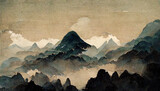 Fototapeta Londyn - sumi-e painting of Asian traditional mountain landscape