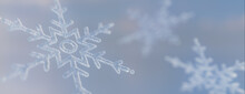 Natural Festive Background With Icy Snowflake. Seasonal Banner With Copy-space.