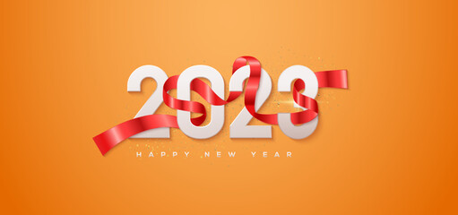 Wall Mural - The number 2023 is wrapped in a unique and elegant red ribbon, for happy new year greetings.