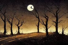 Dead Cliff Road On The Dead Mysterious Forest With Three Crows On The Night. Scary Halloween Concept.