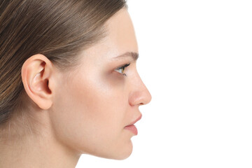 Sticker - Young woman with bruise under eye on white background