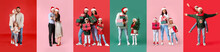 Set Of Happy People On Color Background. Happy New Year And Merry Christmas