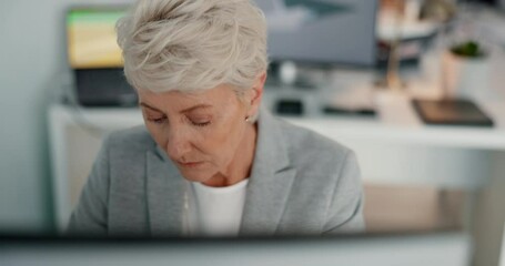 Poster - mature woman, thinking or computer in office building for architecture planning, property ideas or r