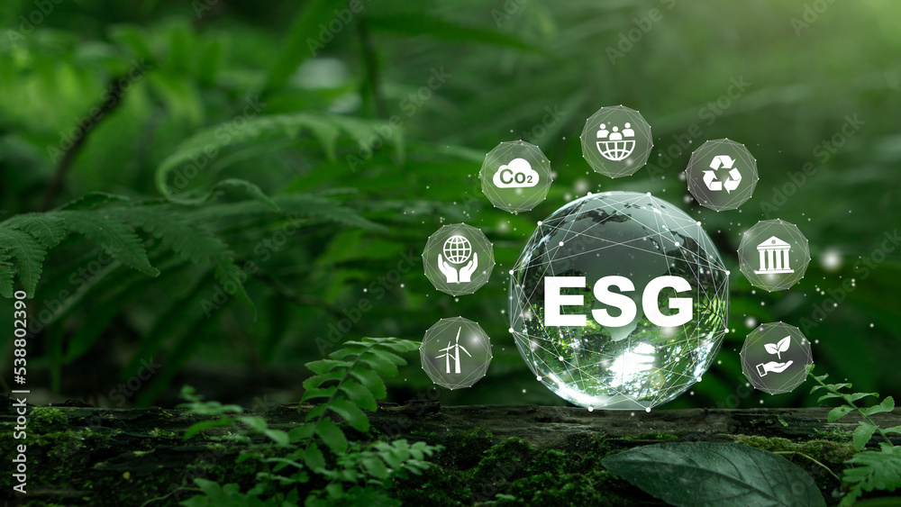 ESG icon concept on tcrystal globe for environmental, social, and ...