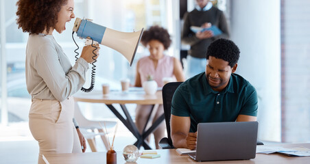 Leinwandbilder - Black man, laptop and boss on megaphone angry or shouting at employee. Loudspeaker, leader and business woman with bullhorn screaming at stressed or frustrated worker to start work at company office.