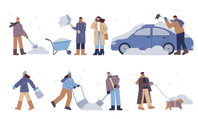 Wall Mural - people are cleaning snow with shovels on a snowy street. flat vector illustration.