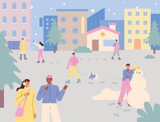 Wall Mural - Snowy urban background. People are walking down the street, making snowmen and walking dogs. flat vector illustration.