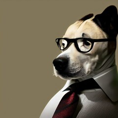 Business man with dog's head wearing white suit and glasses