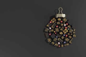 Fototapete - Christmas objects laid out in the shape of a Christmas bauble made from black color gift box. 3D Rendering. Minimal idea Christmas.