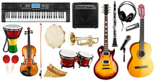 Set Collection Of Various Musical Instruments. Electric Guitar Violin Piano Keyboard Bongo Drums Tamburin Harmonica Trumpet. Brass Percussion Studio Music Design Pattern Isolated White Background
