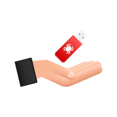 Poster - Computer virus on usb flash card in hands. Virus protection. Vector stock illustration.