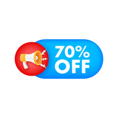 Canvas Print - 70 percent OFF Sale Discount Banner with megaphone. Discount offer price tag. 70 percent discount promotion flat icon. Vector illustration