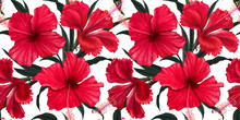 Lovely Red Hibiscus Flowers. Seamless Tropical Wallpaper. Exotic Tropical Pattern. Hand Drawn 3d Illustration For Fabric, Wallpaper, Paper