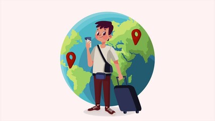 Poster - young male tourist with suitcase animation