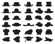 Black silhouettes of various caps and hats on a white background	