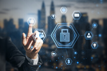 Poster - Close up of male hand using abstract glowing padlock hologram on blurry city background. Secure web and protection concept. Double exposure.