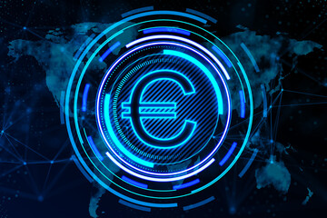 Poster - Creative glowing round euro icon and map hologram on dark background. Finance, currency and global business technologies concept. 3D Rendering.