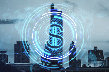 Poster - Creative glowing round dollar icon and map hologram on blurry city view background. Finance, currency and global business technologies concept. Double exposure.