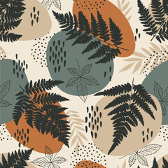 Wall Mural - Abstract seamless pattern with fern leaves. Vector background for various surface. Trendy hand drawn textures.