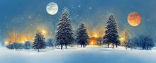 Beautiful Winter Night Landscape With Snow Covered