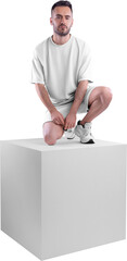 Sticker - Mockup of white oversize suit, t-shirt, shorts, on guy, on cube, png