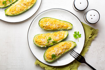 Sticker - Baked Zucchini boats stuffed with ricotta cheese, tuna fish, egg, bread crumbs and parmesan cheese. Directly above.