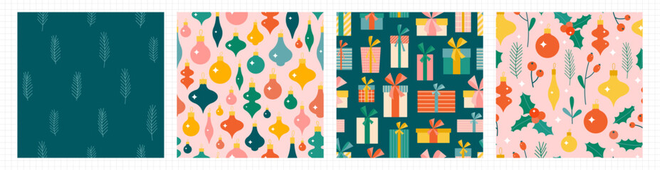 Christmas seamless pattern collection. Cute flat fir, bauble, floral and gift box backgrounds for wrapping paper and other Xmas design. Sparkling festive wallpapers for New Year celebration.