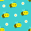 © worldofvector - Flying bee honeybee bug. Daisy flower seamless pattern White chamomile icon. Cute plant collection. Growing concept. Wrapping paper textile template. Green background.
