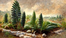 Prehistoric Landscape Of Flora And Fauna From Jurassic Era With Cycad Leaves