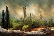 Prehistoric Landscape Of Flora And Fauna From A Fallen Age