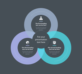 Poster - Simple business process template with three stages - dark version. Simple flat template for data visualization.