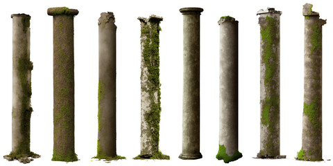 Poster - set of antique columns, collection of overgrown pillars, isolated on white background 