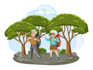 Wall Mural - Senior tourists hiking in nature