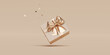 3D gift box, gold ribbon bow on beige pastel background. Present mockup for cosmetic product . Realistic gift with confetti . Copy space banner Birthday, valentine or Christmas 3d render. 
