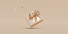 3D Gift Box, Gold Ribbon Bow On Beige Pastel Background. Present Mockup For Cosmetic Product . Realistic Gift With Confetti . Copy Space Banner Birthday, Valentine Or Christmas 3d Render. 
