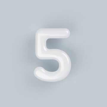 3D White plastic number 5 with a glossy surface on a gray background.