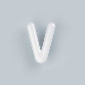 3D White plastic uppercase letter V with a glossy surface on a gray background.