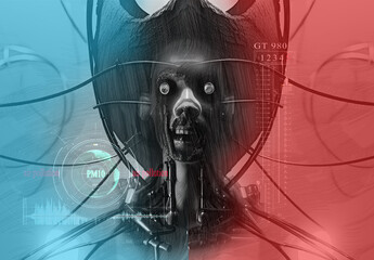 Wall Mural - 3d illustration - drawings sketch of futuristic metallic science fiction humanoid cyborg