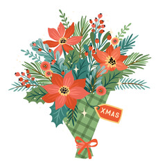 Christmas and Happy New Year isolated illustration of Christmas bouquet. Vector design.