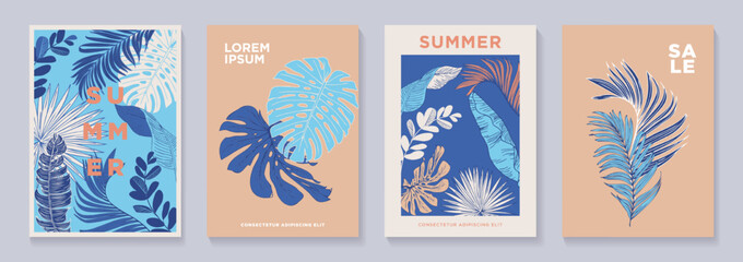 Summer posters set in minimalist style. Abstract Botanical Wall Art, Contemporary art prints with abstract tropical leaves, monstera and modern typography. Templates for cover, branding, ads