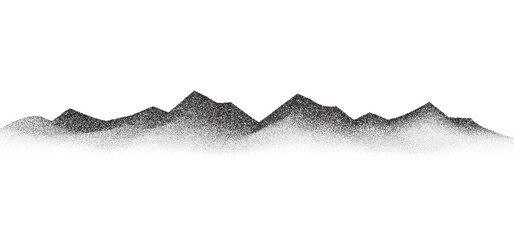 Aufkleber - Grain stippled mountains. Dotted landscape and terrain. Black and white grainy hills in dotwork style. Noise stochastic background. Pointillism textured wallpaper. Grunge vector
