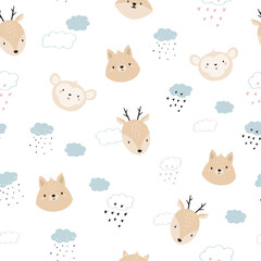 Wall Mural - Seamless pattern with cute monkey, deer, fox in clouds