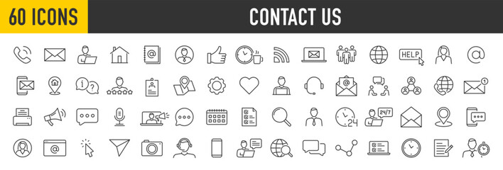 Fototapete - Set of 60 Contact Us web icons in line style. Web and mobile icon. Chat, point, chat, support, message, phone, globe, call, info collection. Vector illustration.