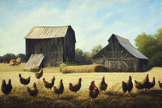 A flock of chickens roam freely in the lush paddock near shed.