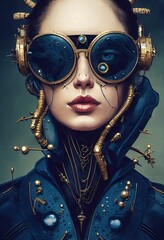 Wall Mural - A fictional person, not based on a real person. Abstract portrait of a fantasy steampunk man. High-tech futuristic man. Concept of virtual reality and steampunk. 3D rendering.